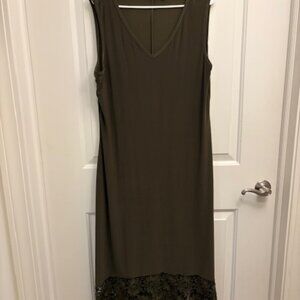 Olive Green Sleeveless Dress with Lace Hem